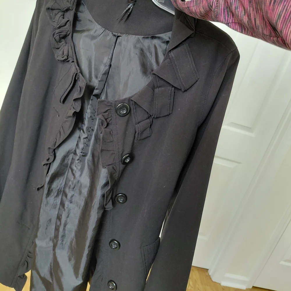 Black Ruffle-Trim Button Front Women's Coat - Picture 6 of 6
